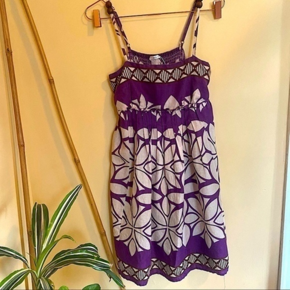 Day Dress Linen Feel Pleated Purple Print Dress - Picture 1 of 12